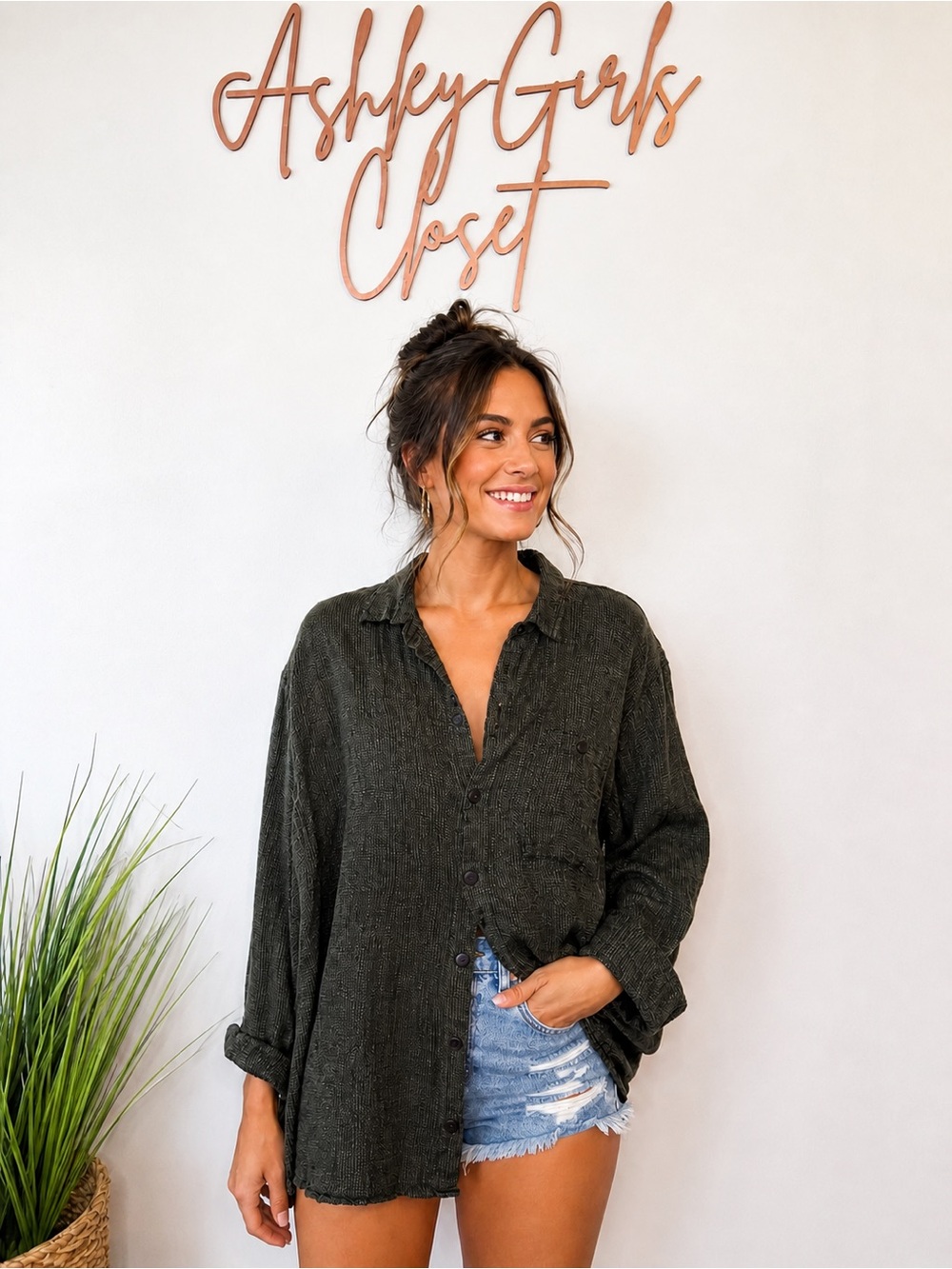 Flax Oversized Button-Down Shirt in Dark Olive